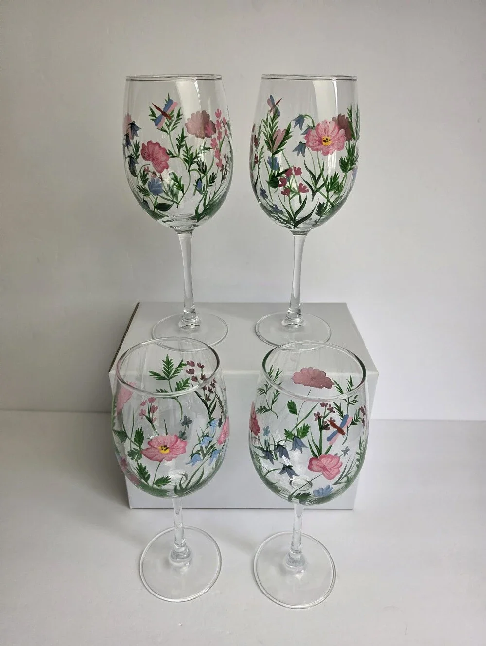Wine Glasses 4-Piece 13 oz. Stemmed Hand Painted Wild Flowers & Dragonflies